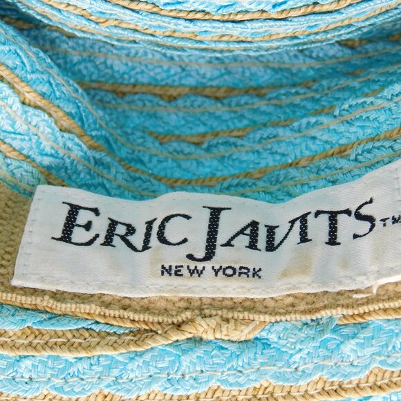 Eric Javits Teal & Brown Straw Wide Brim Hat | Water-Repellent | GUC - Picture 9 of 11